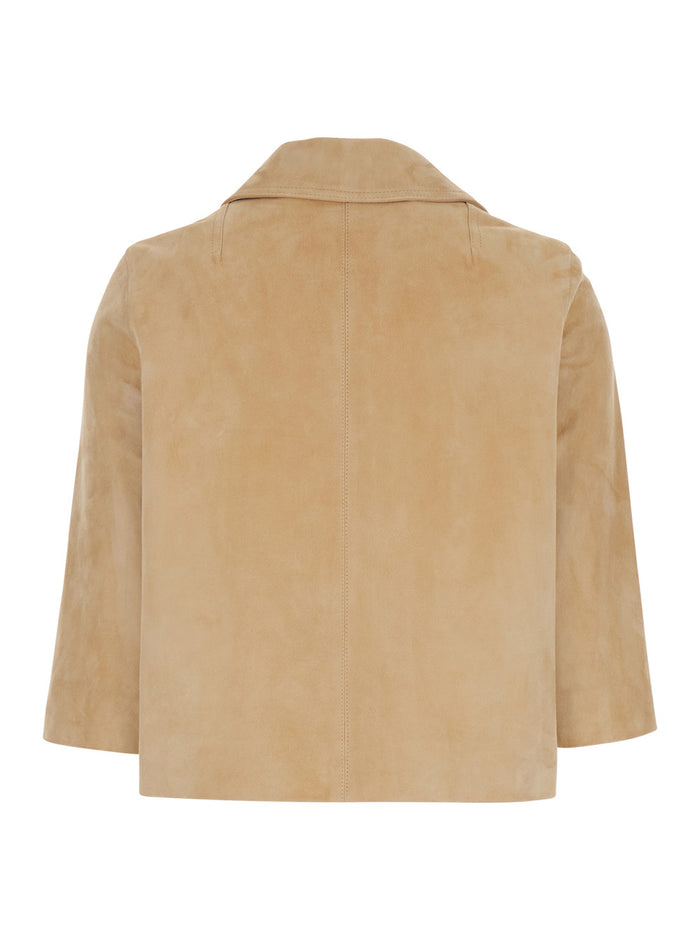 Beige Single-Breasted Jacket With Notched Revers And Logo Lettering Detail On The Front Leather Woman Ovine Blazers