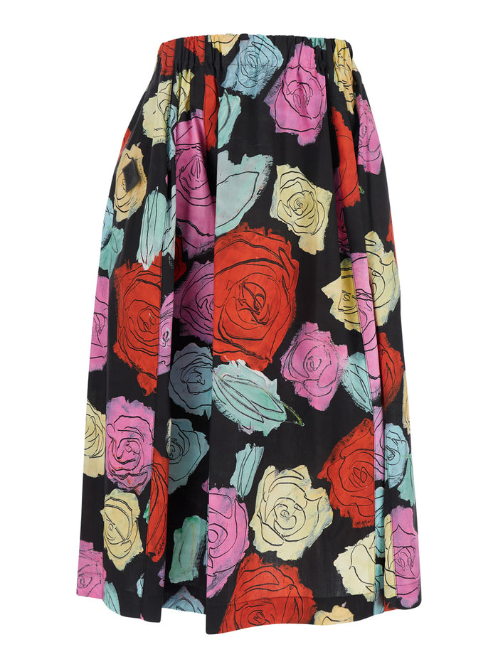 Multicolor Midi Skirt With Elastic Waist And All-Over Floral Motif Cotton Woman