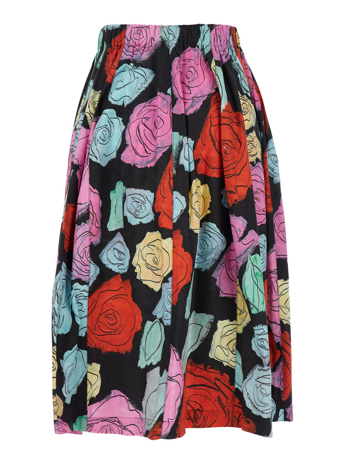 Multicolor Midi Skirt With Elastic Waist And All-Over Floral Motif Cotton Woman