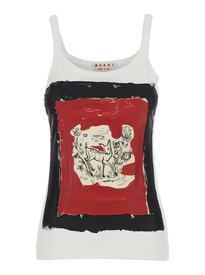 White Sleeveless Top With Round Neck And Maxi Print On The Front Cotton Woman Tops