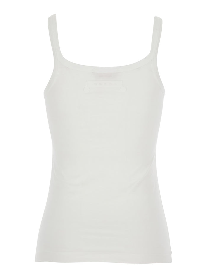 White Sleeveless Top With Round Neck And Maxi Print On The Front Cotton Woman Tops