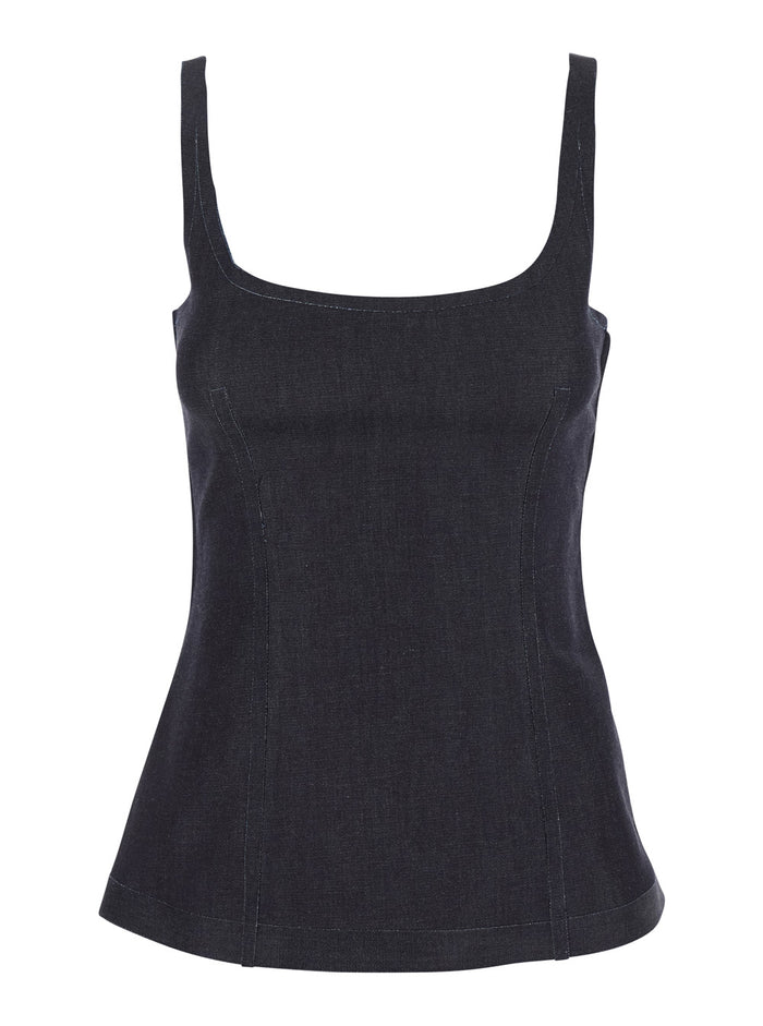 Black Sleeveless Top With Square Neck And Spaghetti Straps Denim Woman Cotton Elastane Tops