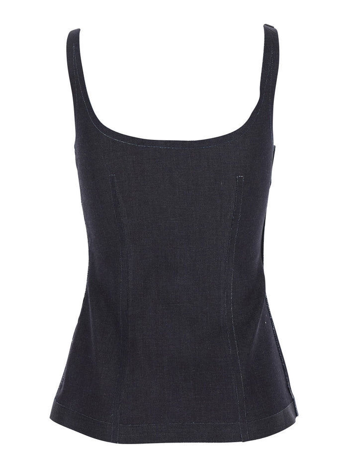 Black Sleeveless Top With Square Neck And Spaghetti Straps Denim Woman Cotton Elastane Tops