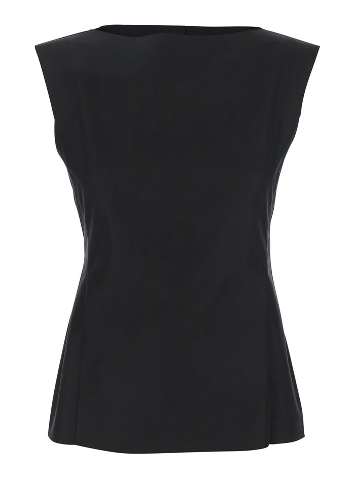 Black Sleeveless Top With Boat Neckline And Rear Button Closure Cotton Woman Tops