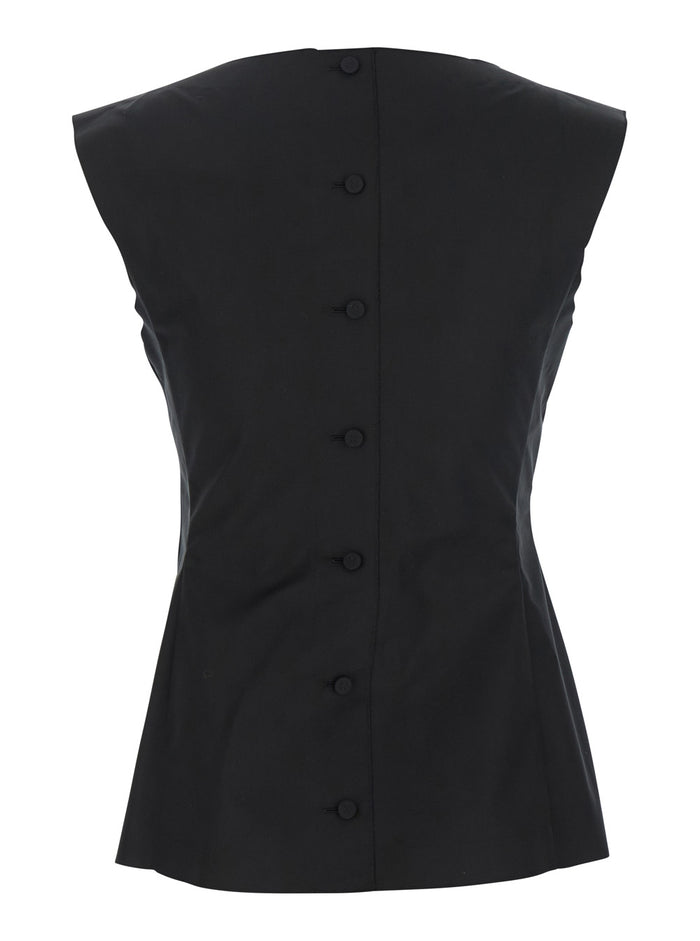 Black Sleeveless Top With Boat Neckline And Rear Button Closure Cotton Woman Tops