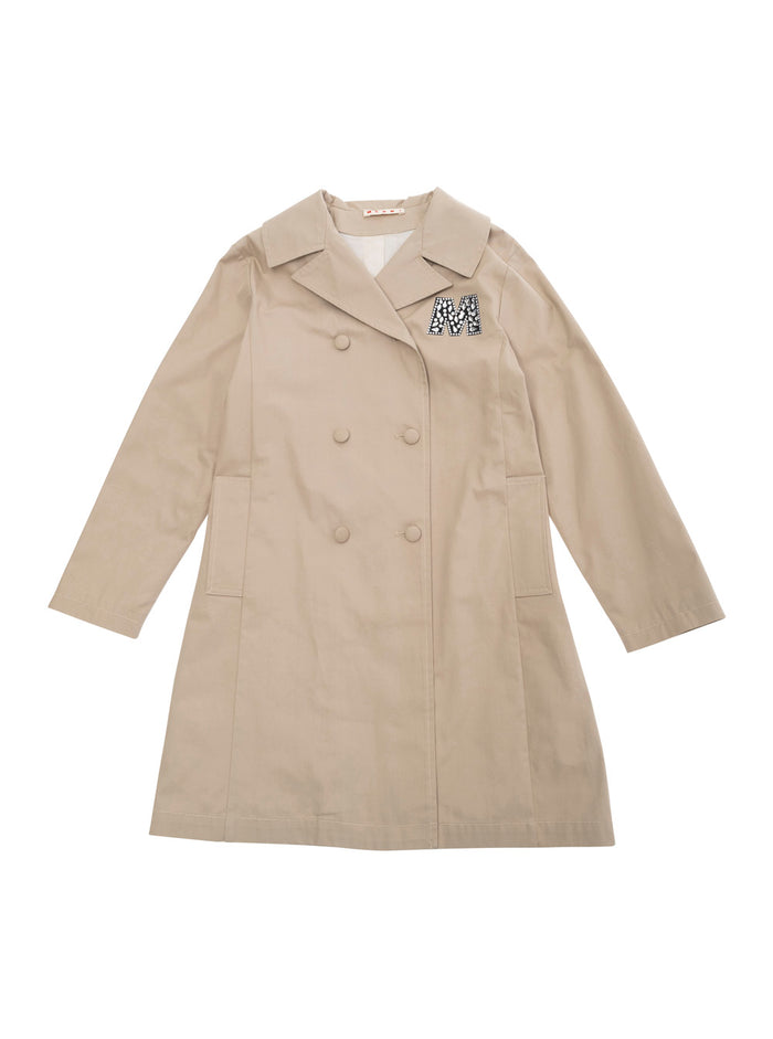 Beige Double-Breasted Jacket With Notched Revers And Logo Detail On The Front Cototn Girl Cotton