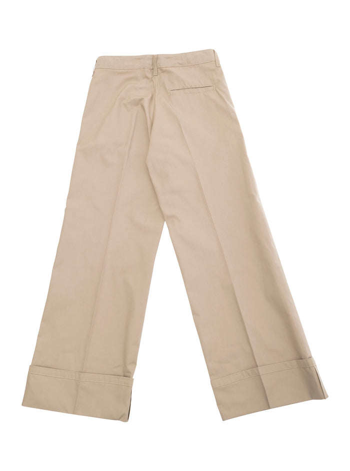 Beige Pants With Belt Loops And Logo Lettering Detail On The Rear Cotton Girl Trousers