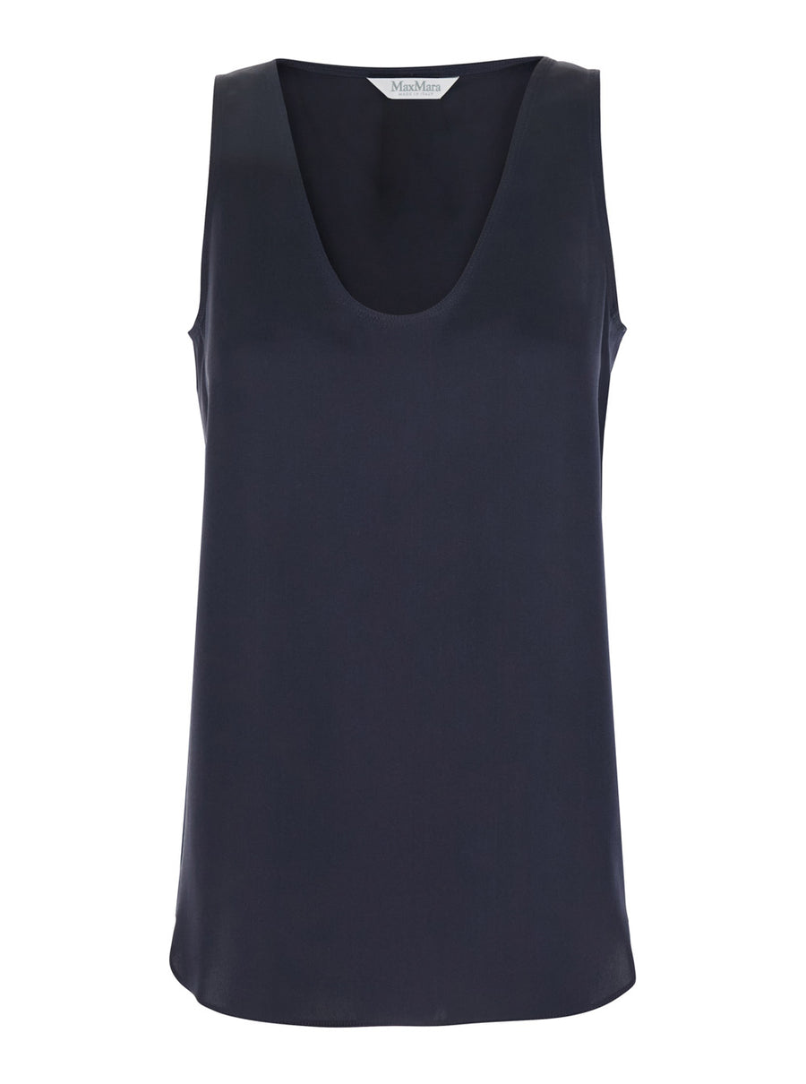 Blue Sleeveless Top With Round Neck Silk Tops