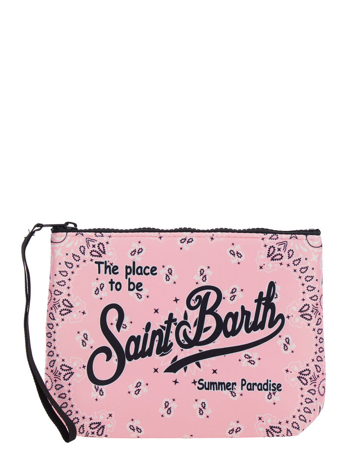 Aline Pink Clutch With Lettering Logo On The Front And All-Over Print Rubber Girl Sbr Polyester Clutches Pochettes