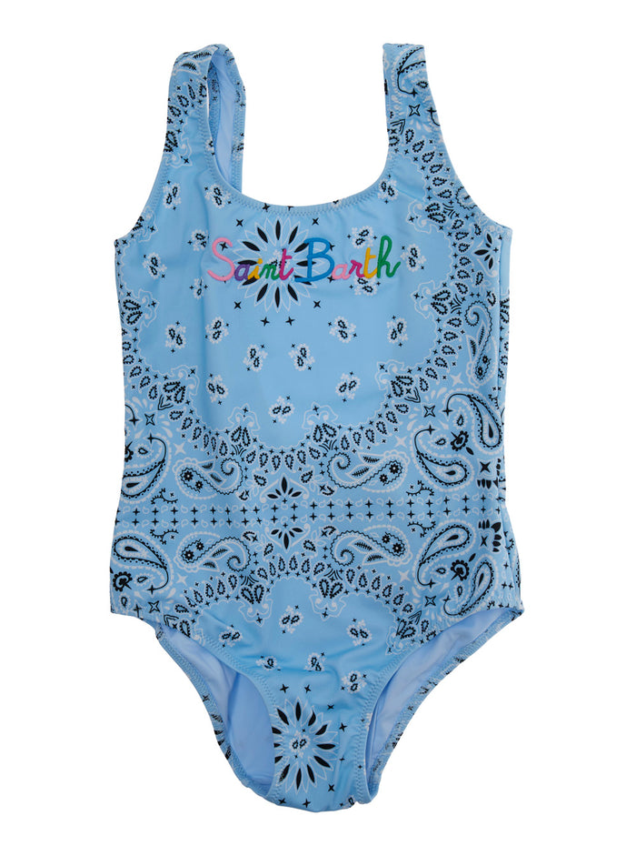 Light Blue Swimsuit With Embroidered Logo On The Front And All-Over Bandana Print Tech Fabric Girl Beachwear