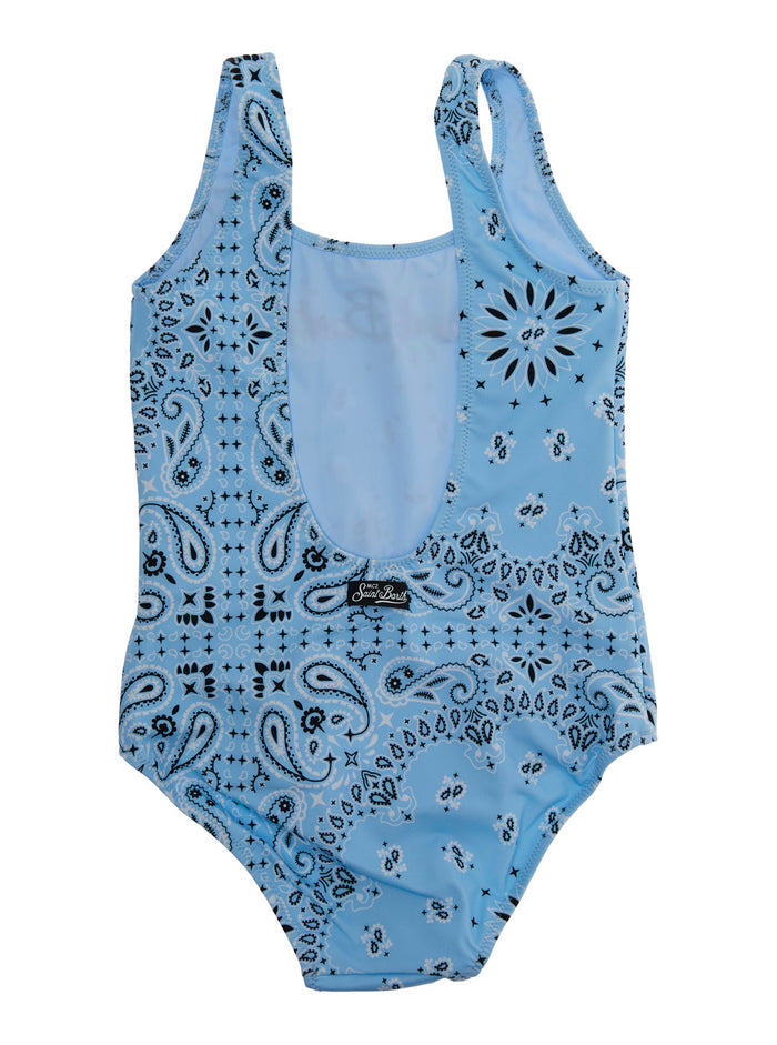 Light Blue Swimsuit With Embroidered Logo On The Front And All-Over Bandana Print Tech Fabric Girl Beachwear