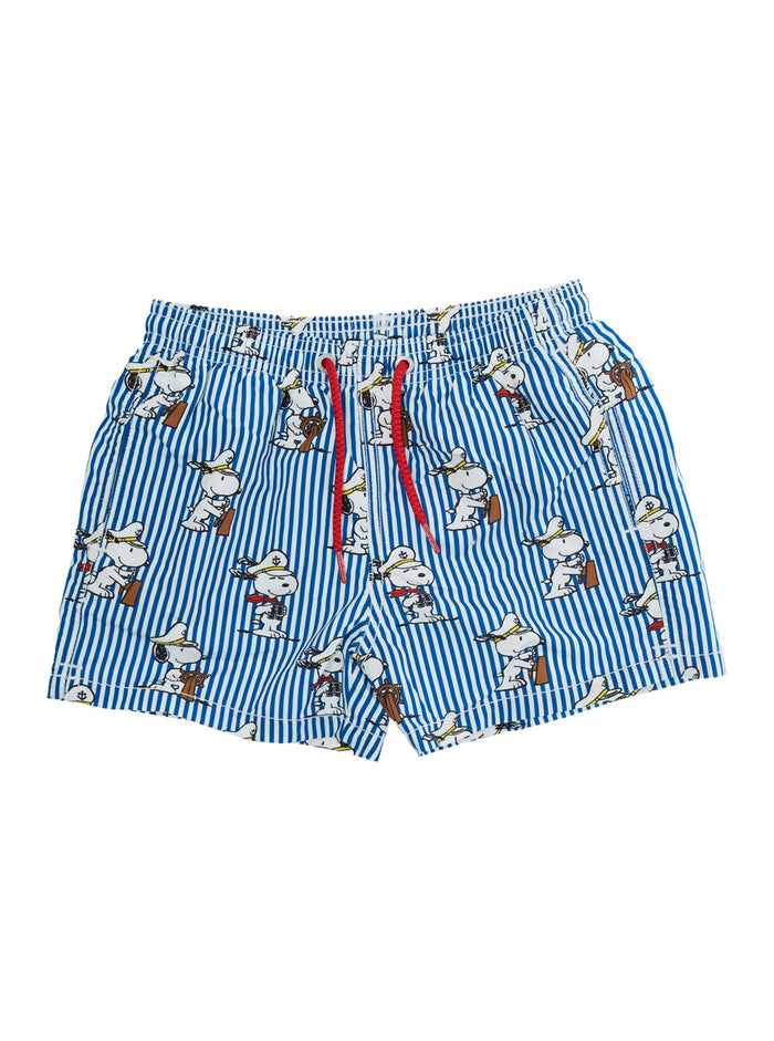 Jean Blue Swim Shorts With Elastic Drawstring Waist And All-Over Striped Motif Print Tech Fabric Baby Blu Polyester Beachwear