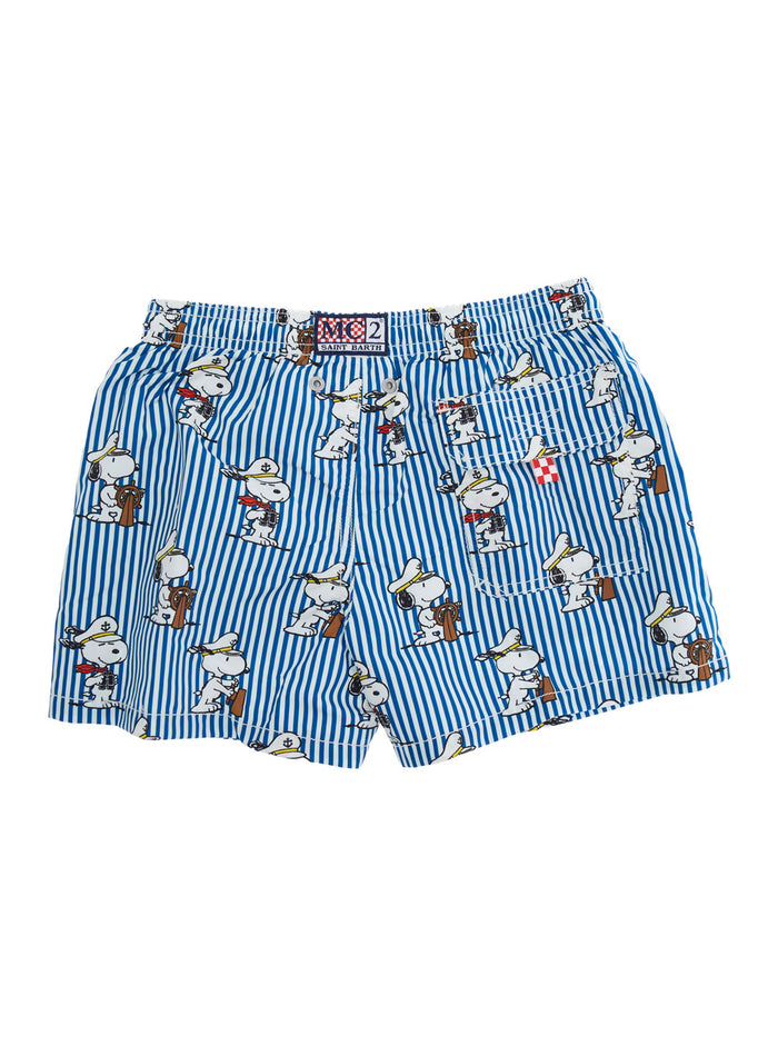 Jean Blue Swim Shorts With Elastic Drawstring Waist And All-Over Striped Motif Print Tech Fabric Baby Blu Polyester Beachwear