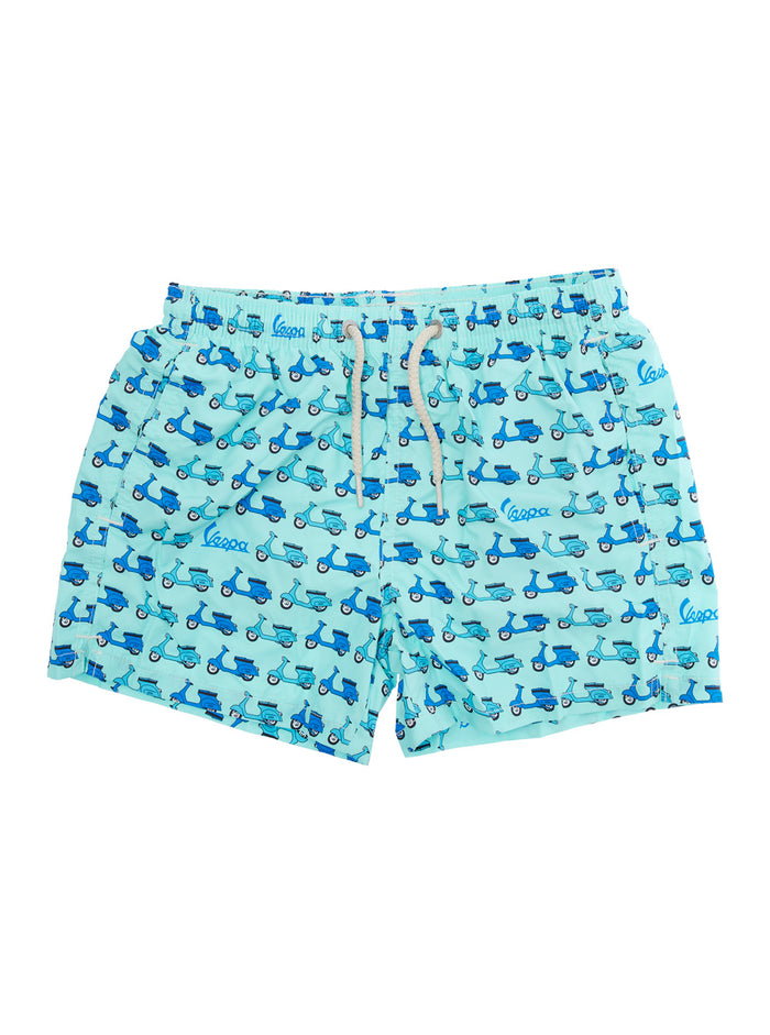 Jean Lighting Light Blue Swim Shorts With Elastic Drawstring Waist And All-Over Print Tech Fabric Boy Polyester Beachwear