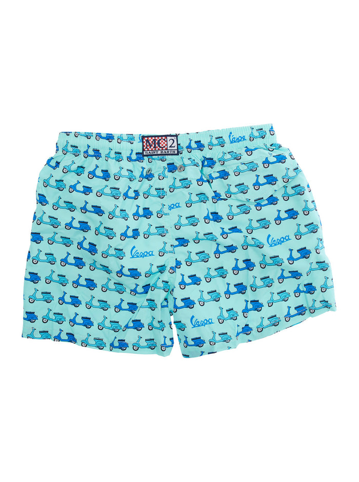 Jean Lighting Light Blue Swim Shorts With Elastic Drawstring Waist And All-Over Print Tech Fabric Boy Polyester Beachwear