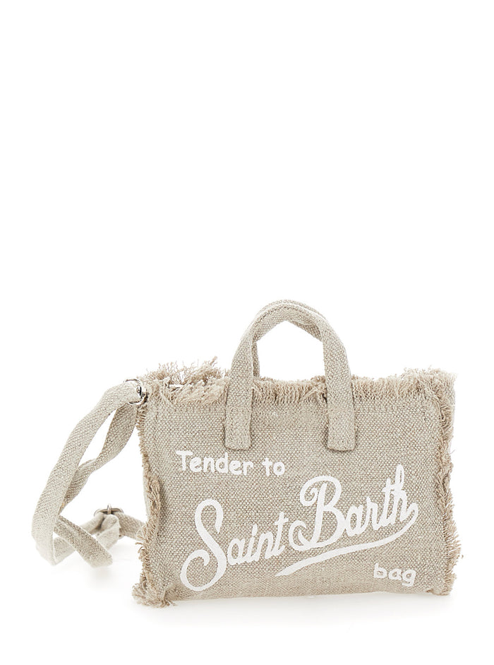Beige Handbag With Adjustable And Removable Shoulder Strap Logo Lettering On The Front Linen Girl Mini Bags
