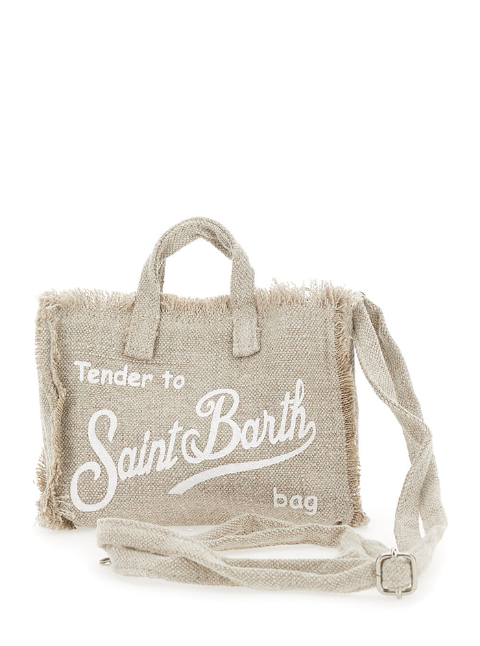 Beige Handbag With Adjustable And Removable Shoulder Strap Logo Lettering On The Front Linen Girl Mini Bags