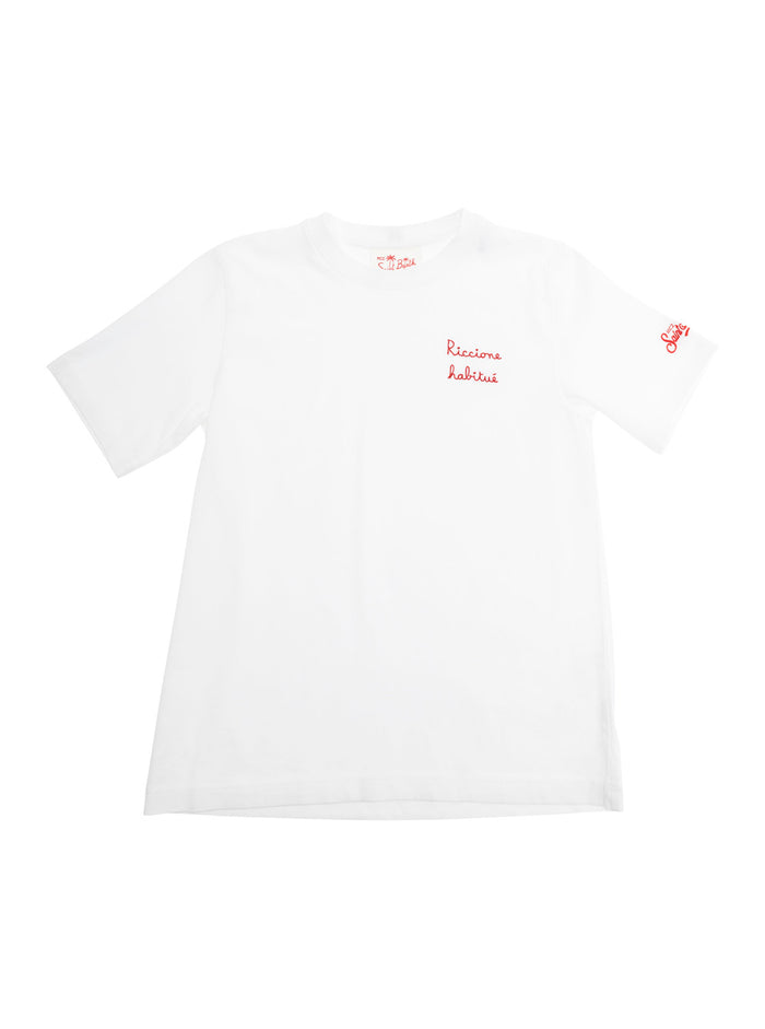 Portofino Jr White Crewneck T-Shirt With Print On The Front And Logo Lettering Sleeve Cotton Boy Tshirts Polo Shirts