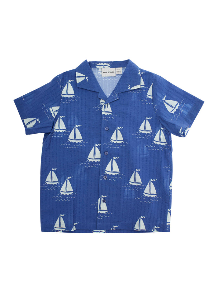 Sailing Boats Blue Shirt With Cuban Collar And All-Over Graphic Print Cotton Boy Blu Blouses