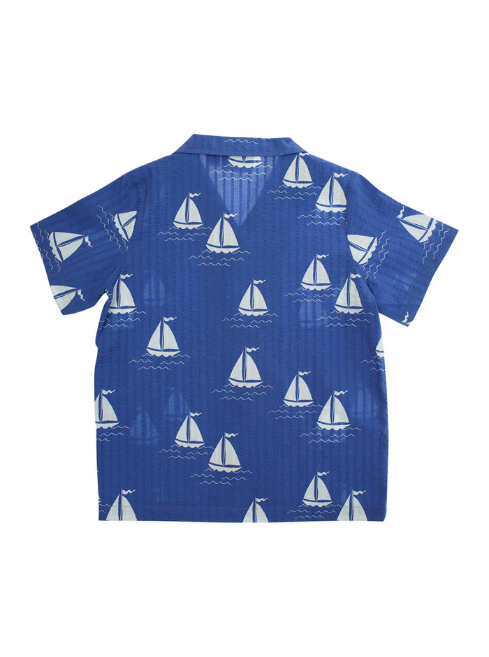 Sailing Boats Blue Shirt With Cuban Collar And All-Over Graphic Print Cotton Boy Blu Blouses