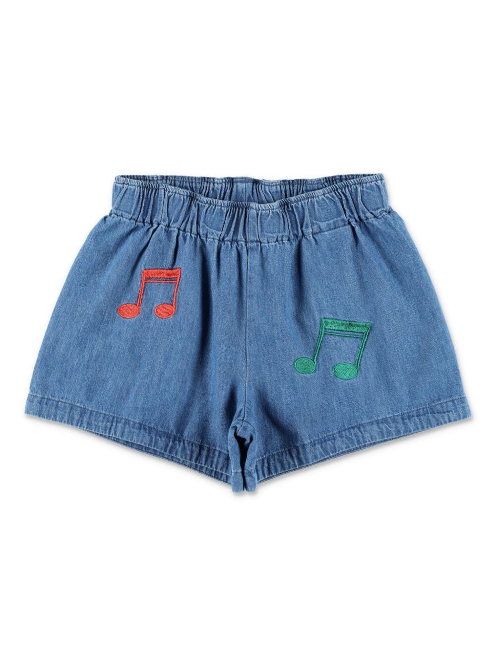 Blue Shorts With Elastic Waist And Music Notes Embroidery On The Front Denim Girl Blu Cotton Bermuda