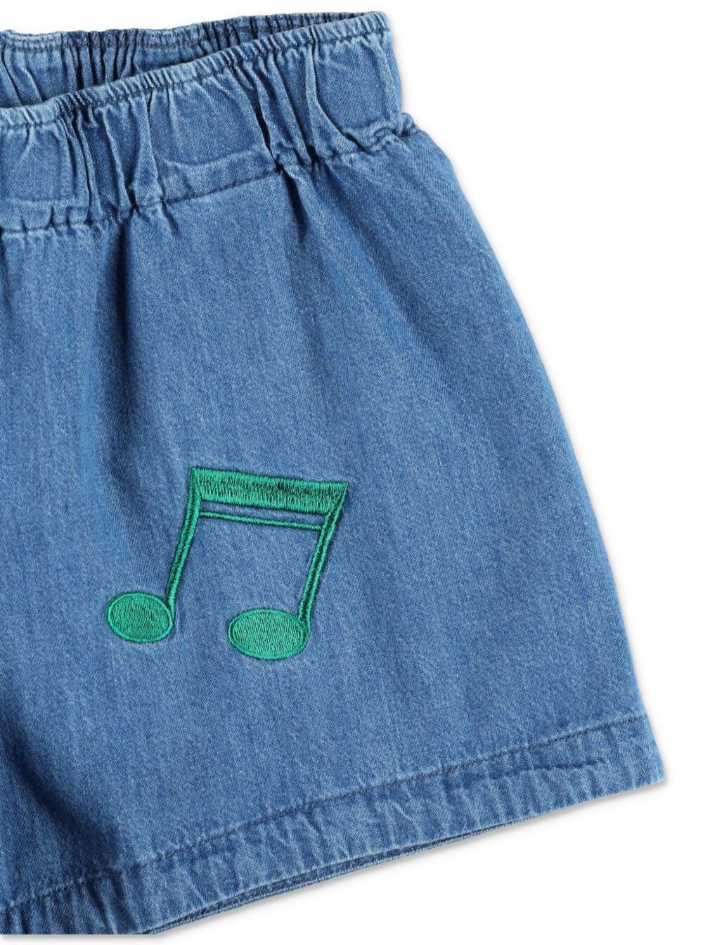 Blue Shorts With Elastic Waist And Music Notes Embroidery On The Front Denim Girl Blu Cotton Bermuda