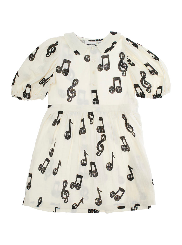White Dress With All-Over Printed Musical Notes Cotton Girl