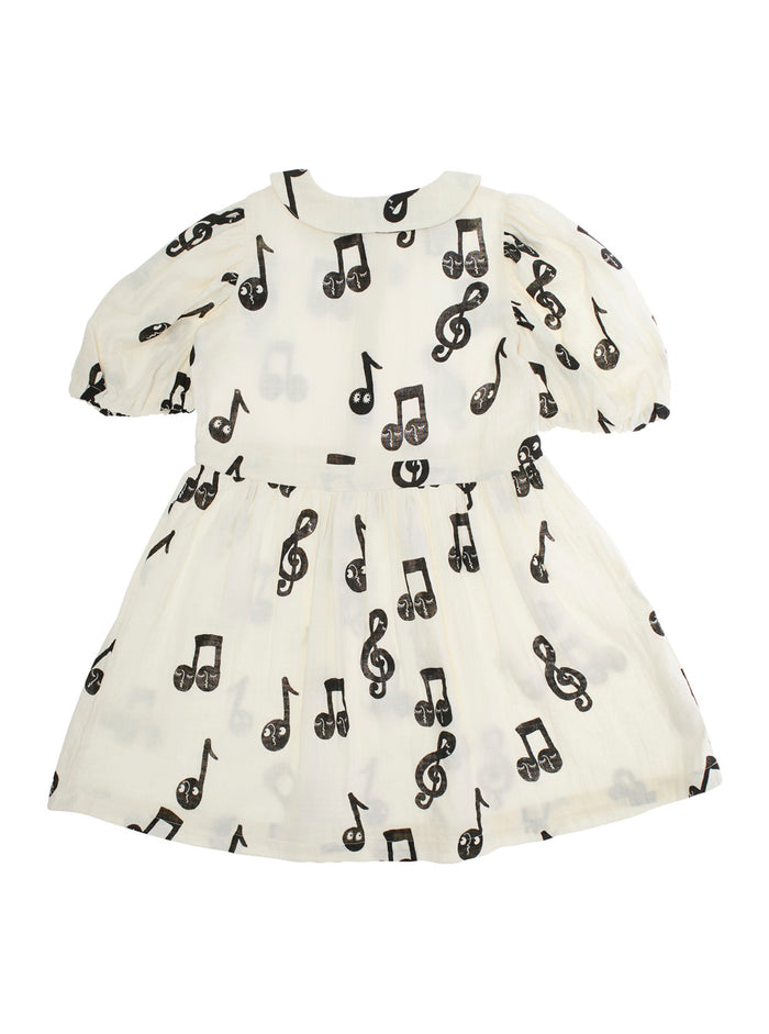 White Dress With All-Over Printed Musical Notes Cotton Girl