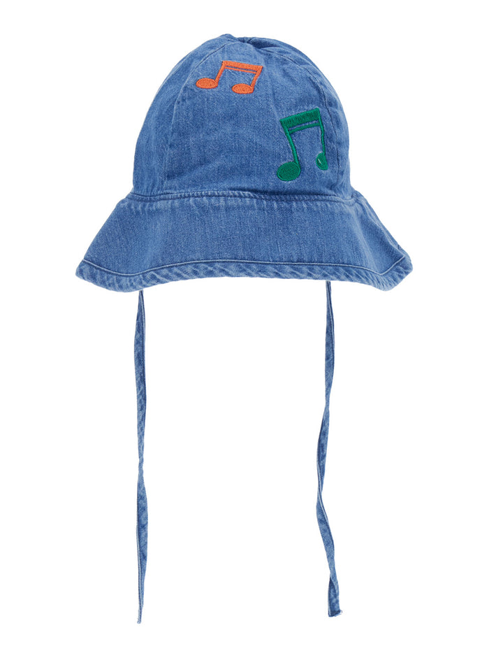 Blue Hat With Musical Notes Embroidered On The Front Denim Boy Blu Cotton And Gloves