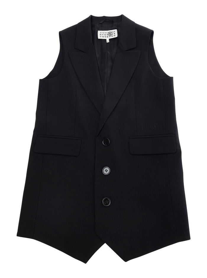 Black Sleeveless Vest With Peak Revers Wool Blend Stretch Boy Polyester Elastane Blazers