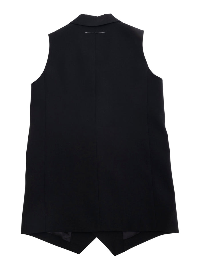 Black Sleeveless Vest With Peak Revers Wool Blend Stretch Boy Polyester Elastane Blazers