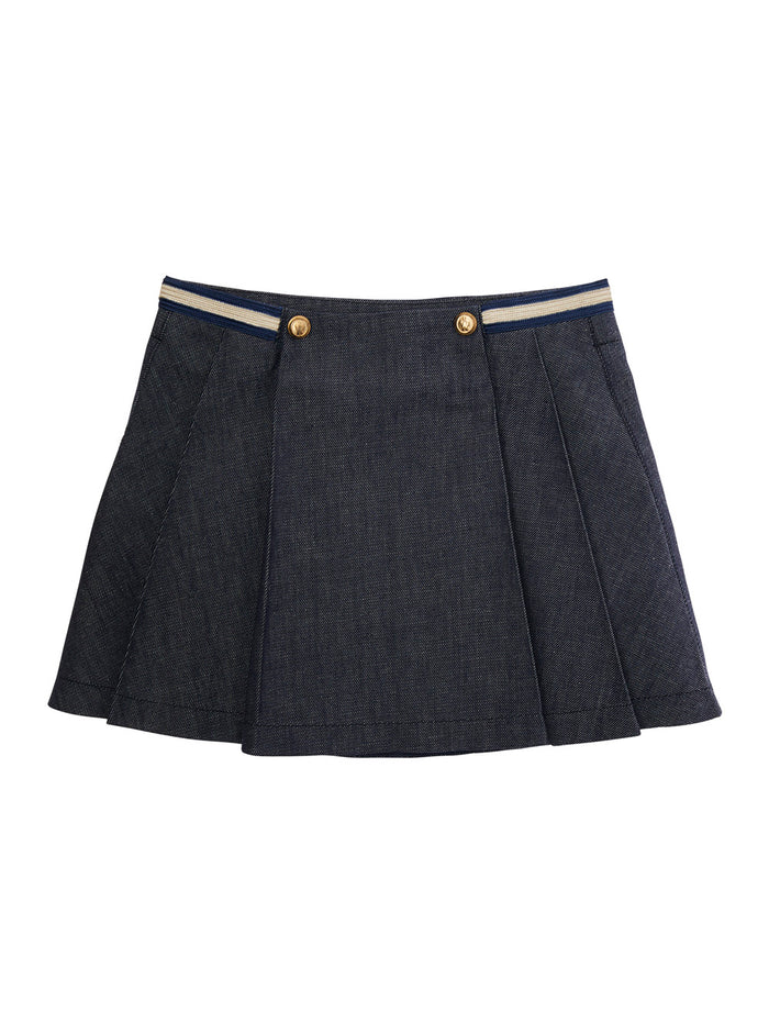 Blue Skirt with Logo Patch and Logoed Buttons in Cotton Girl Blu