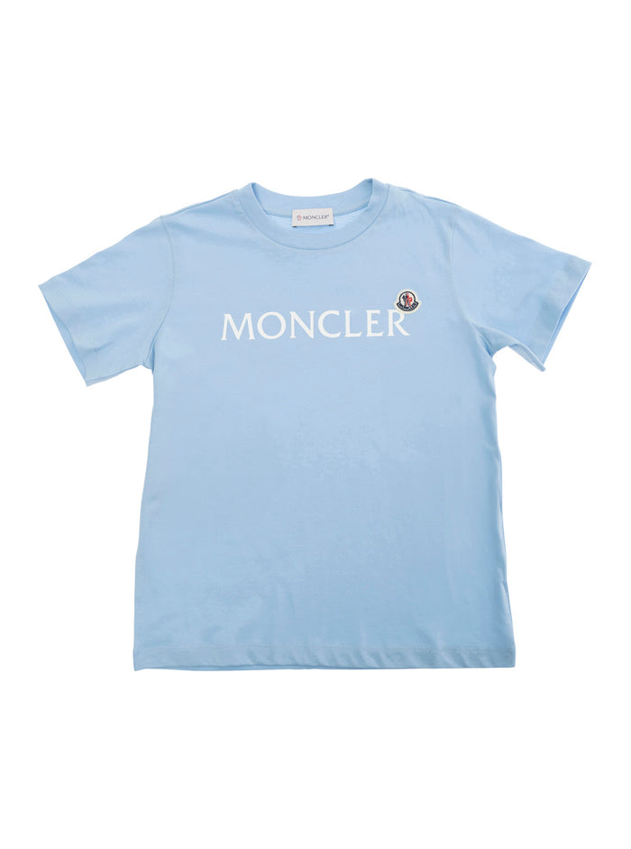 Light Blue T-Shirt With Logo Lettering And Patch On The Front Cotton Boy Tshirts Polo Shirts