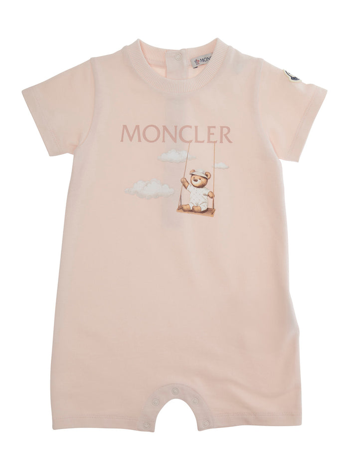 Pink Romper With Logo Patch On The Sleeve And Front Print Cotton Baby Elastane Jumpsuits