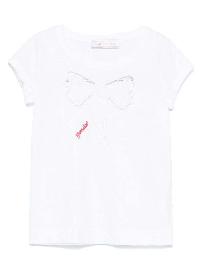 White Crewneck T-Shirt With Bow Embroidery On The Front And Logo Lettering Cotton Girl Tshirts Polo Shirts