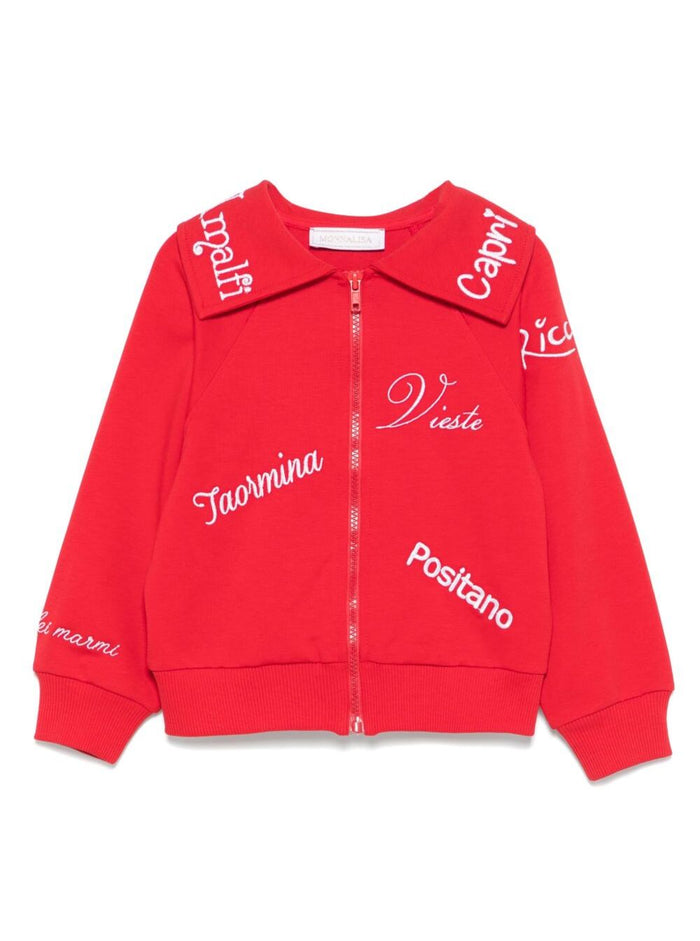 Red Sweatshirt With Spread Collar And Embroidered Slogan On The Front Cotton Stretch Girl Sweatshirts
