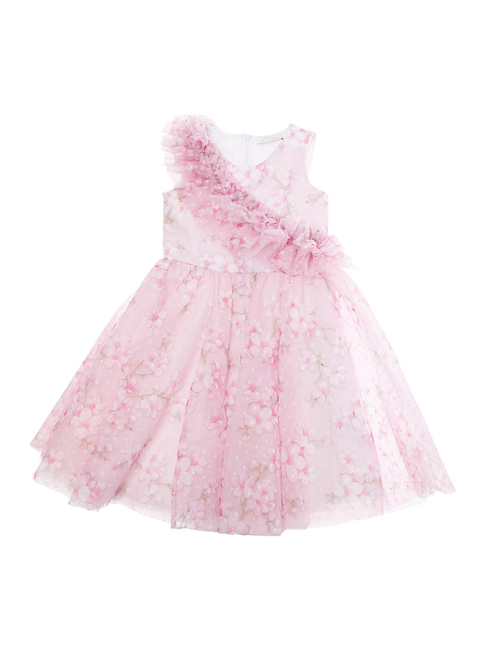 Compleanno Pink Dress With Maxi Ruches And All-Over Floral Embellishments Tech Fabric Girl Polyester