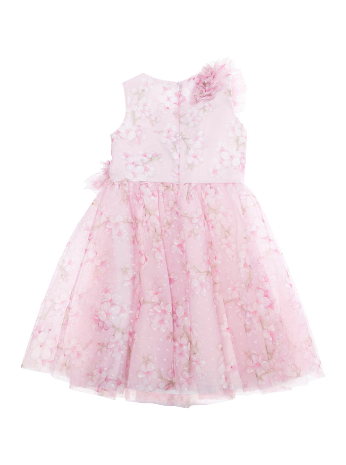 Compleanno Pink Dress With Maxi Ruches And All-Over Floral Embellishments Tech Fabric Girl Polyester