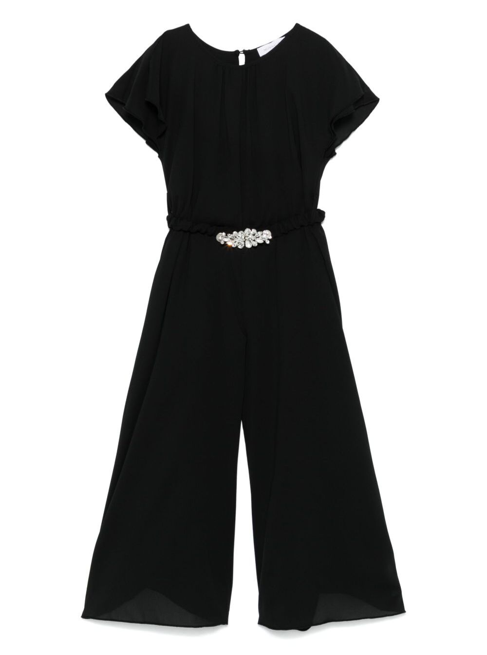 Cocktail Black Jumpsuit With Belt On The Front And Wide Leg Tech Fabric Girl Polyester Jumpsuits