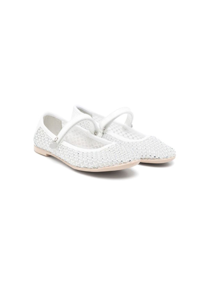 White Ballet Shoes With Logo Charm On Theside And Crystal Embellishments Tech Fabric Girl Polyamide Ballerinas
