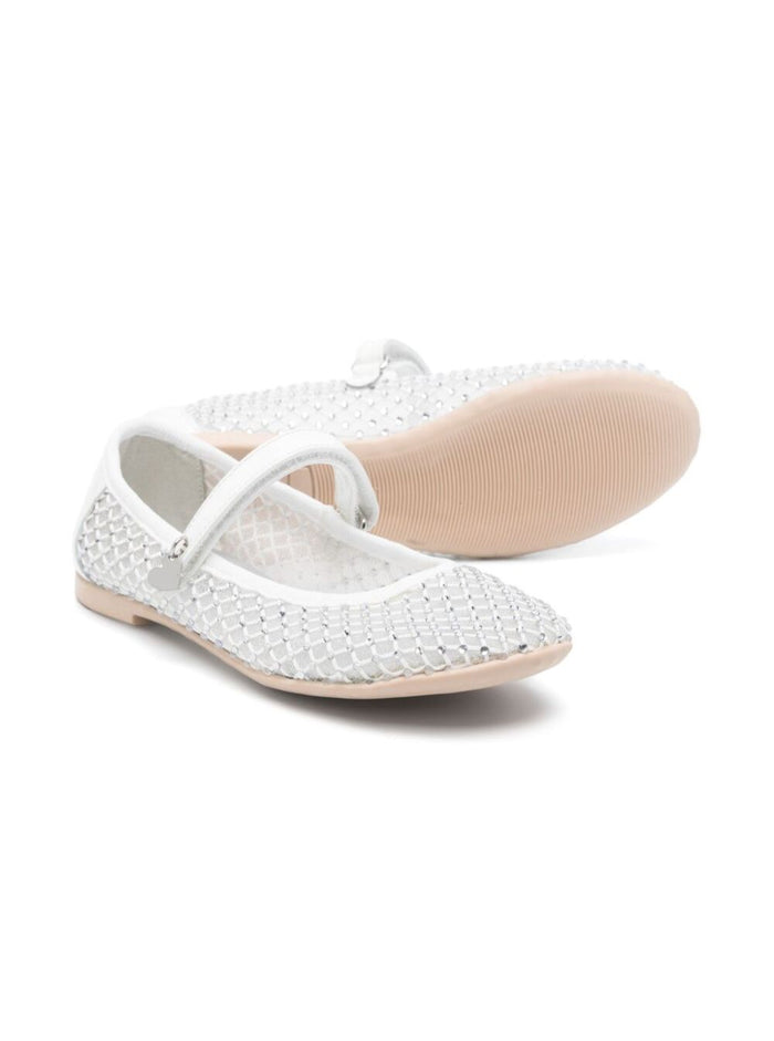 White Ballet Shoes With Logo Charm On Theside And Crystal Embellishments Tech Fabric Girl Polyamide Ballerinas