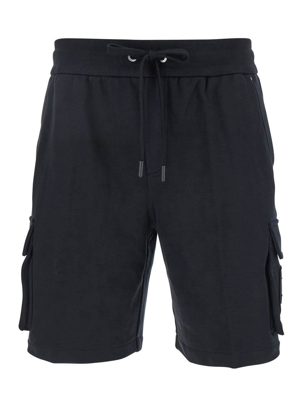 Black Shorts With Elastic Waist And Side Cargo Pockets Cotton Man Bermuda