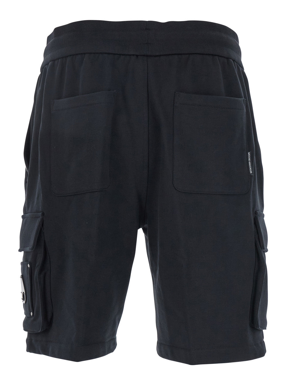Black Shorts With Elastic Waist And Side Cargo Pockets Cotton Man Bermuda