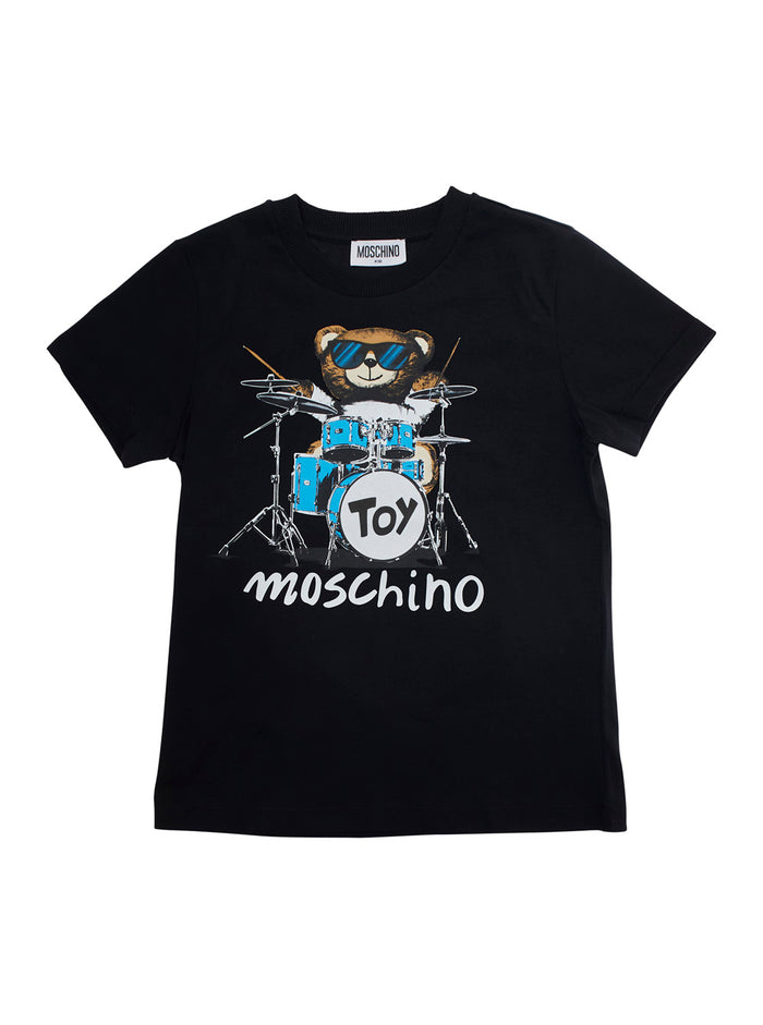 Black T-Shirt With Teddy Bear Print On The Front Cotton Boy Tshirts And Polo Shirts