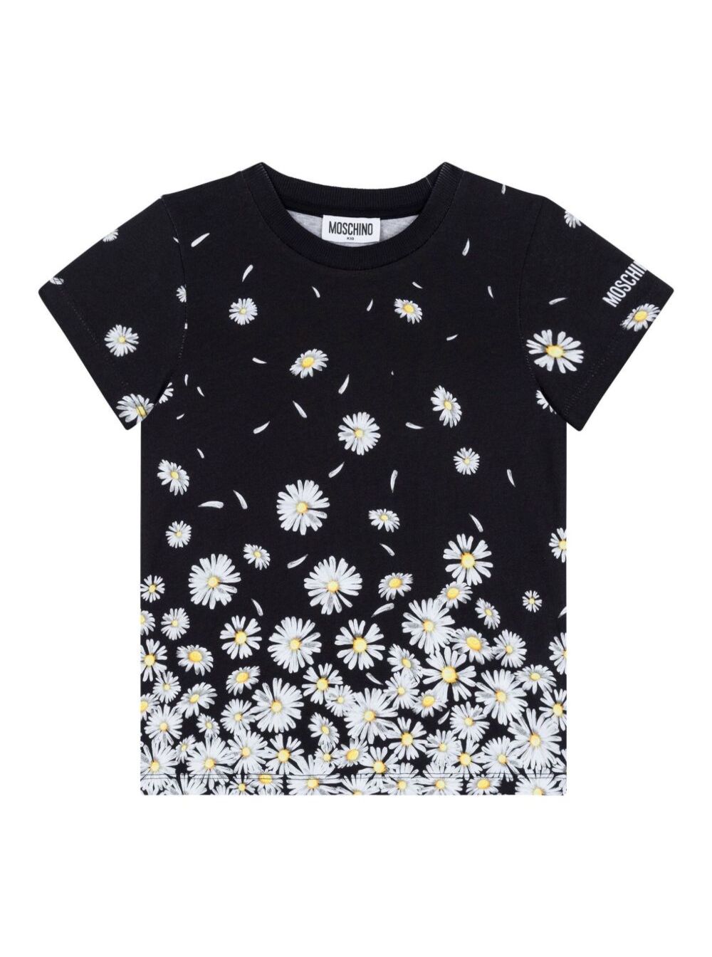 Black Crewneck T-Shirt With Logo Lettering On The Sleeve And All-Over Floral Print Cotton Girl Tshirts Polo Shirts