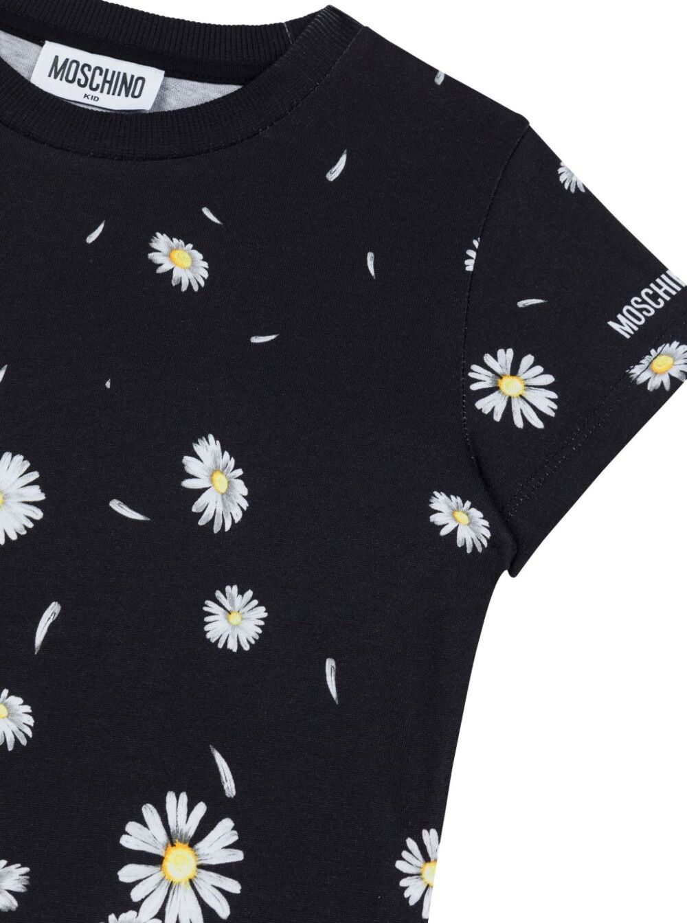 Black Crewneck T-Shirt With Logo Lettering On The Sleeve And All-Over Floral Print Cotton Girl Tshirts Polo Shirts
