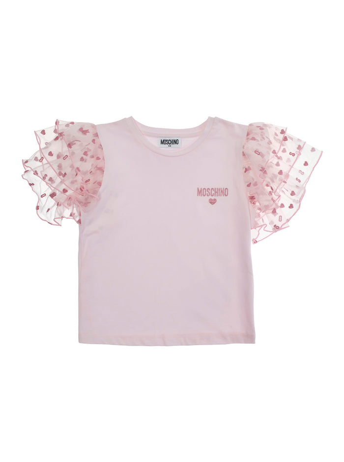 Pink T-Shirt With Logo Lettering On The Front And Jacquard Motif Sleeves Cotton Girl Elastan Tshirts Polo Shirts