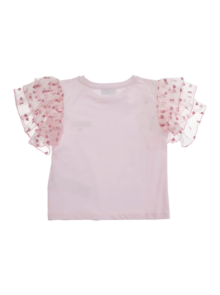 Pink T-Shirt With Logo Lettering On The Front And Jacquard Motif Sleeves Cotton Girl Elastan Tshirts Polo Shirts