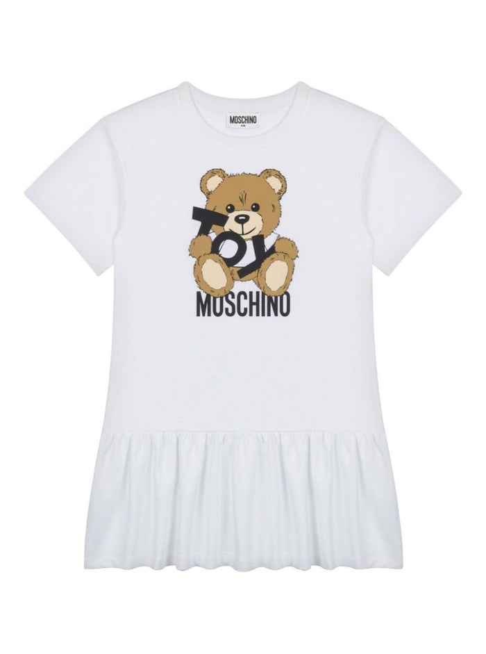 White Dress With Flared Skirt And Logo Print On The Front Cotton Girl