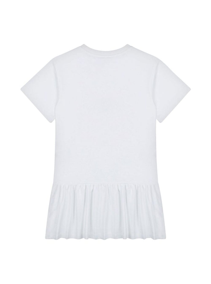 White Dress With Flared Skirt And Logo Print On The Front Cotton Girl